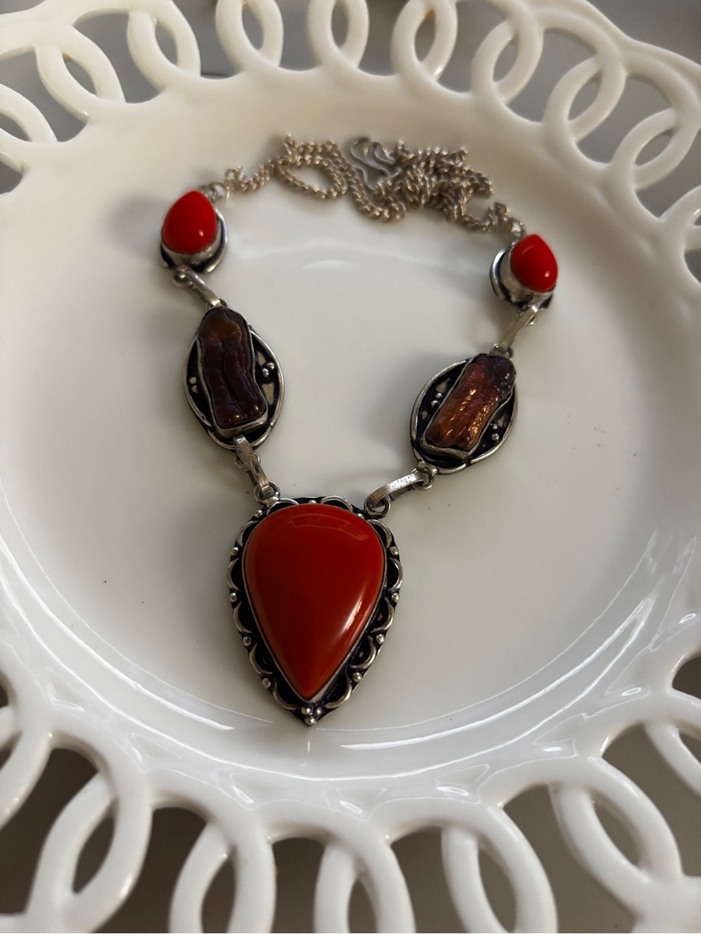 Red Glass Teardrop Sterling 925 Statement Necklace